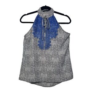 THML Blue Embroidered Gray Halter Blouse